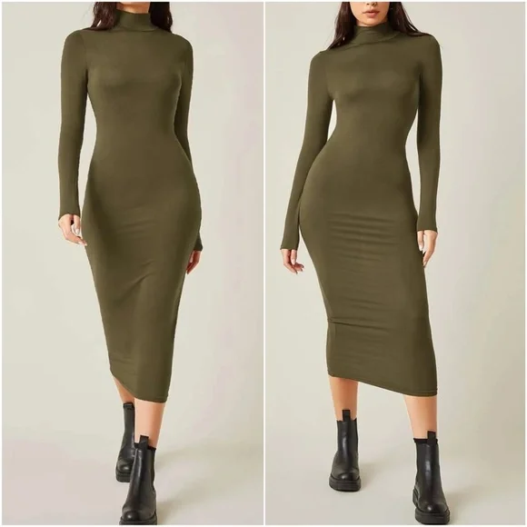 Army Green mock neck fitted midi dress Party - Picture 1 of 8